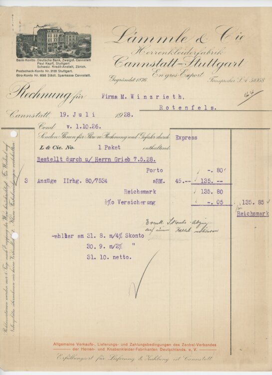 Firma M. Winzrieth (Kaufhaus)an Lämmle & Cie Herrenkleiderfabrik- Rechnung - 19.07.1928