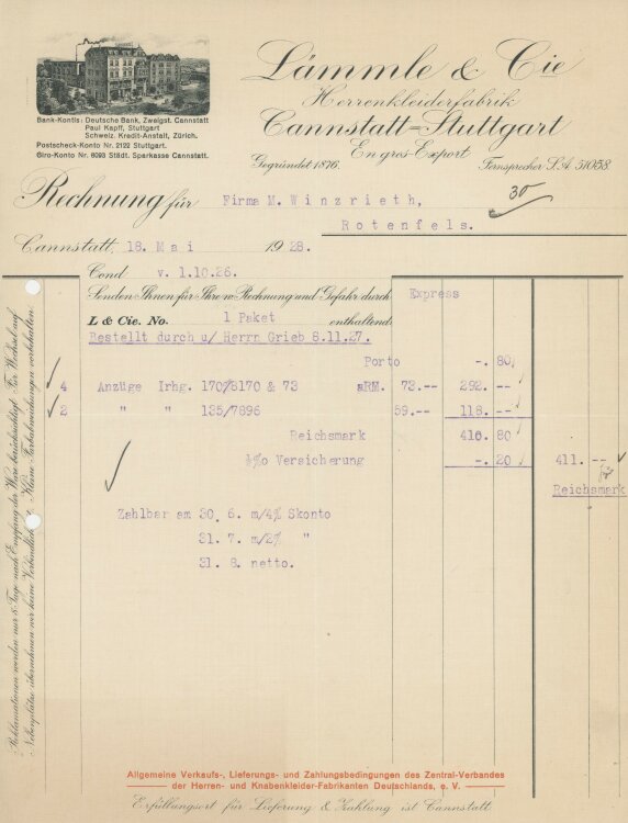 Firma M. Winzrieth (Kaufhaus)an Lämmle & Cie Herrenkleiderfabrik- Rechnung - 18.05.1928