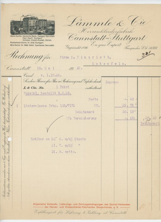 Firma M. Winzrieth (Kaufhaus)an Lämmle & Cie Herrenkleiderfabrik- Rechnung - 18.05.1928