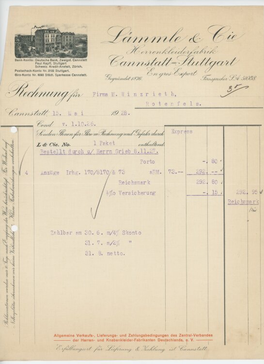 Firma M. Winzrieth (Kaufhaus)an Lämmle & Cie Herrenkleiderfabrik- Rechnung - 15.05.1928