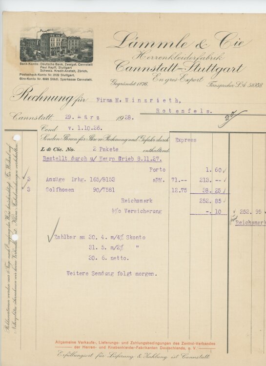 Firma M. Winzrieth (Kaufhaus)an Lämmle & Cie Herrenkleiderfabrik- Rechnung - 29.03.1928