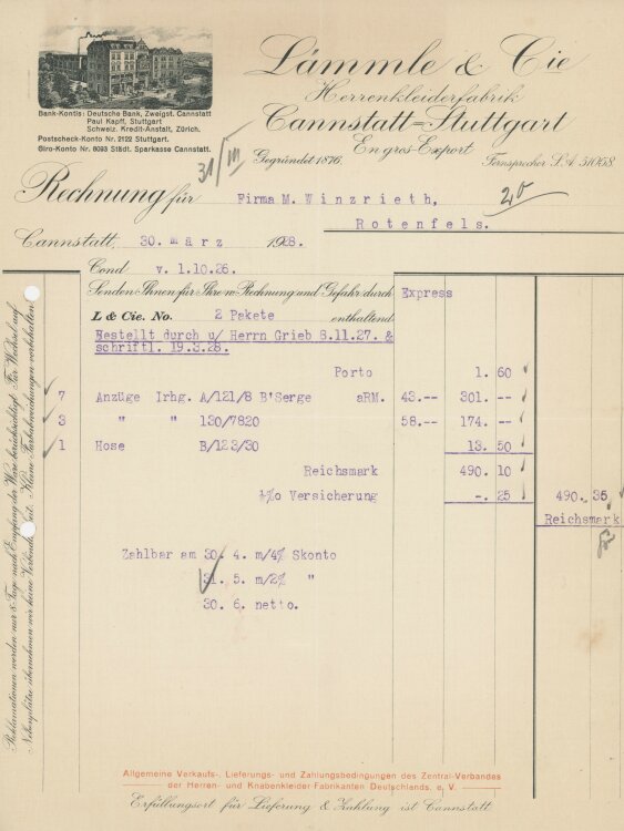 Firma M. Winzrieth (Kaufhaus)an Lämmle & Cie Herrenkleiderfabrik- Rechnung - 30.03.1928
