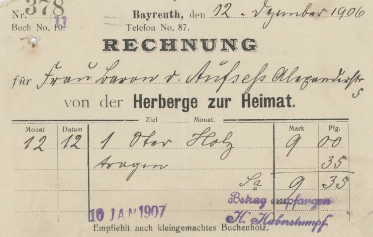 Otto von und zu Aufsessan Herberge zur Heimat H. Haberstumpf- Rechnung - 12.12.1906