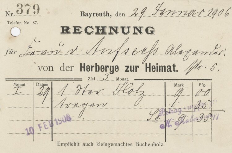 Otto von und zu Aufsessan Herberge zur Heimat H. Haberstumpf- Rechnung - 29.01.1906