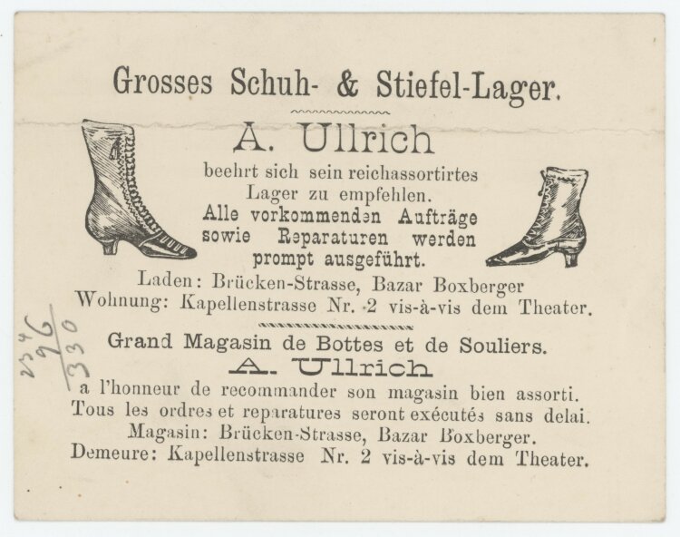 Otto von und zu Aufsessan A. Ullrich Grosses Schuh- & Stiefellager- Rechnung - um 1910