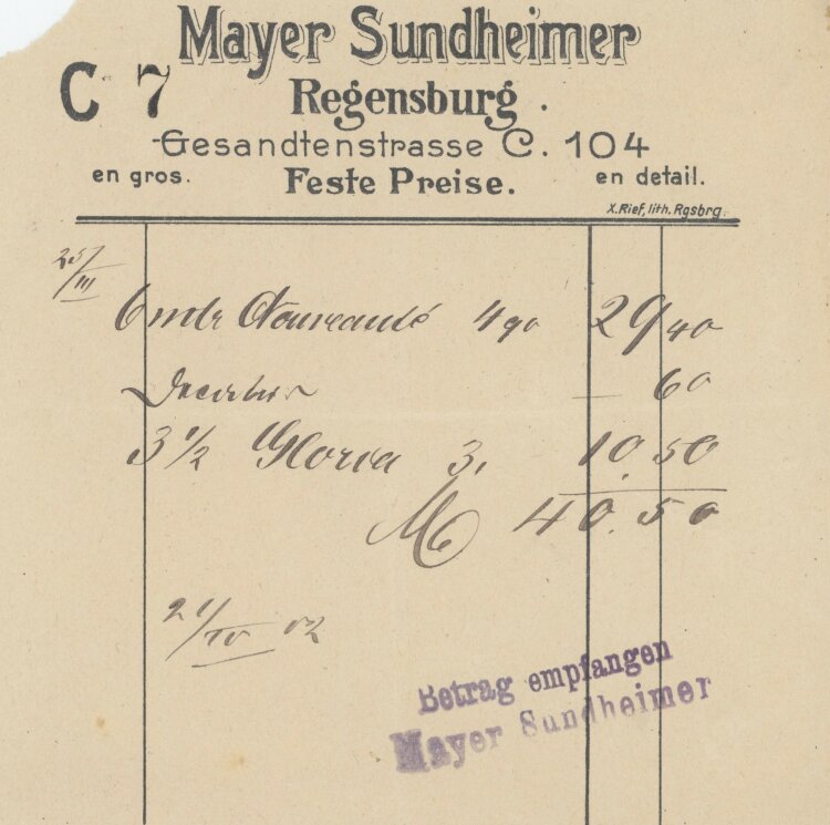 Baronin von und zu Aufsessan Mayer Sundheimer- Rechnung - um 1910