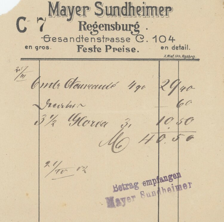 Baronin von und zu Aufsessan Mayer Sundheimer- Rechnung -...