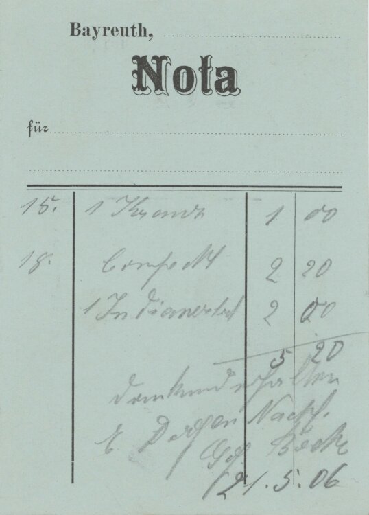 Familie von und zu Aufsessan E. Degen Nachfolger (Gegründet Beck)- Rechnung - um 1900