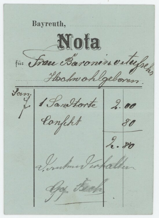 Familie von und zu Aufsessan E. Degen Nachfolger (Gegründet Beck)- Rechnung - um 1900