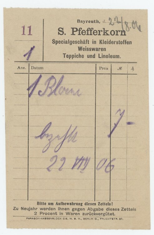 Familie von und zu Aufsessan S. Pfefferkorn Sepcialgeschäft- Rechnung - 22.08.1906