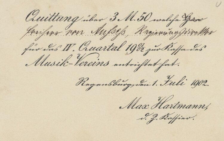 Musikverein (Max Hartmann) - Quittung - 01.07.1902