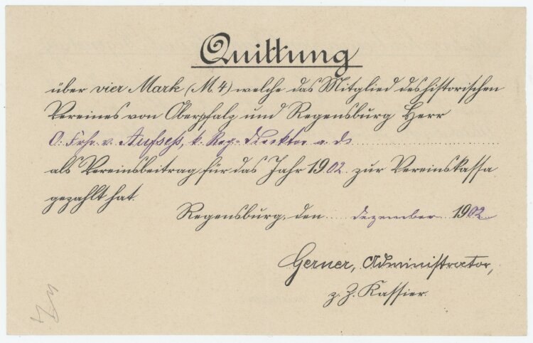Hisorischer Verein der Pfalz (Gerner Administrator) - Quittung - 1902