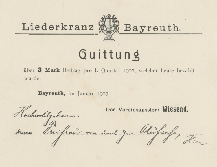 Liederkranz Bayreuth - Quittung - 1907
