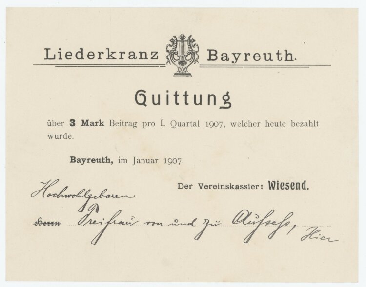 Liederkranz Bayreuth - Quittung - 1907