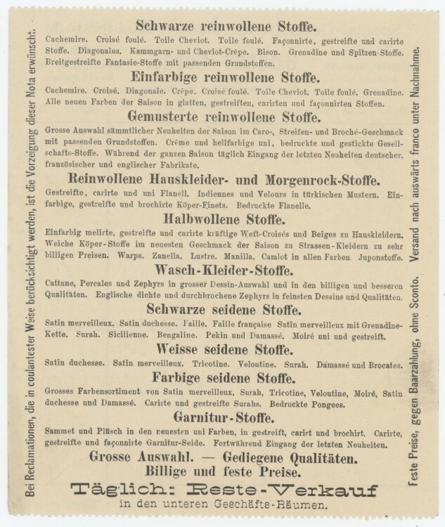 Familie von und zu Aufsessan Gustav Cords Specialgeschäft für Damen-Kleiderstoffe- Rechnung - 14.12.1887