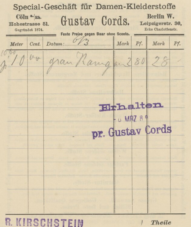 Familie von und zu Aufsessan Gustav Cords Specialgeschäft für Damen-Kleiderstoffe (R. Kirschstein)- Rechnung - 03.1889?