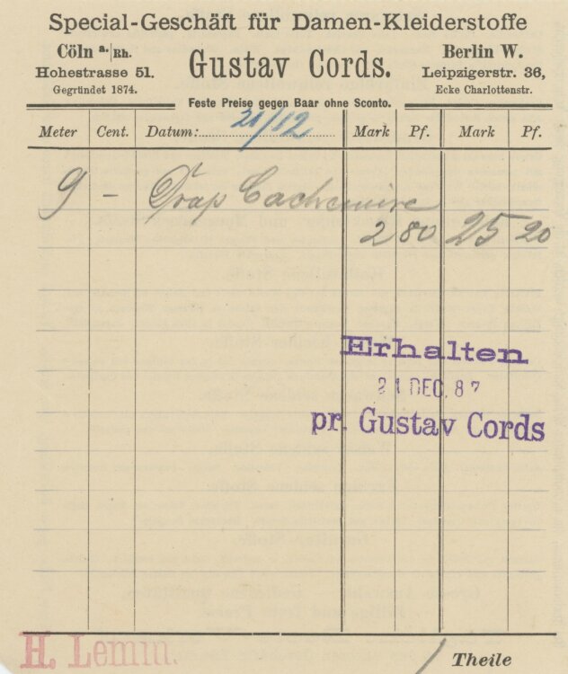 Familie von und zu Aufsessan Gustav Cords Specialgeschäft für Damen-Kleiderstoffe- Rechnung - 21.12.1887