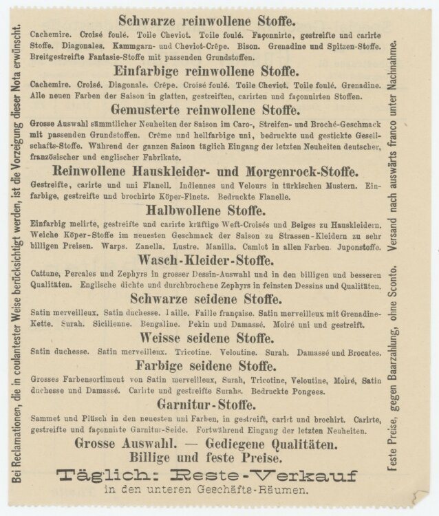 Familie von und zu Aufsessan Gustav Cords Specialgeschäft für Damen-Kleiderstoffe- Rechnung - 21.12.1887
