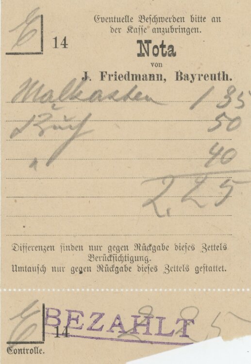 Familie von und zu Aufsessan Kaufhaus Joseph Friedmann- Rechnung - um 1900