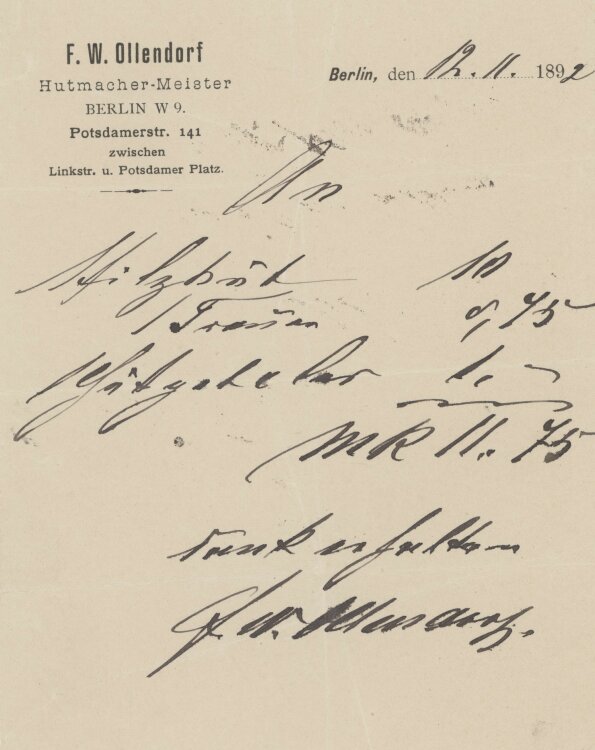 Familie von und zu Aufsessan F. W. Ollendorf Hutmacher-Meister- Rechnung - 12.11.1892