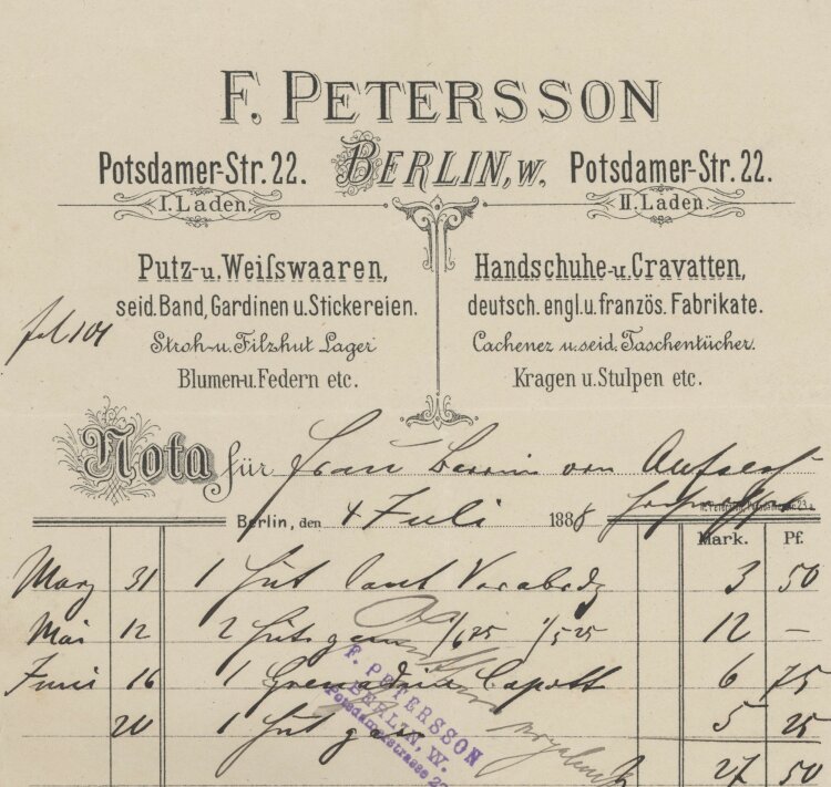 Otto von und zu Aufsessan F. Petersson- Rechnung - 04.07.1888