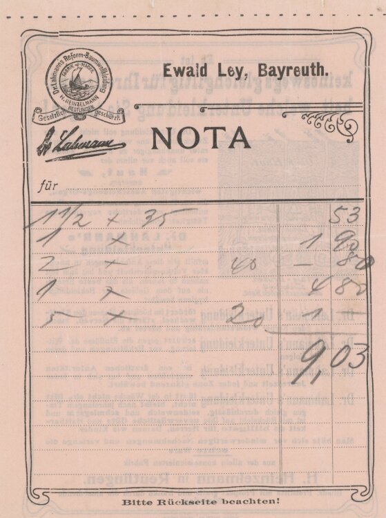 Otto von und zu Aufsessan Ewald Ley, Bayreuth- Rechnung - um 1900