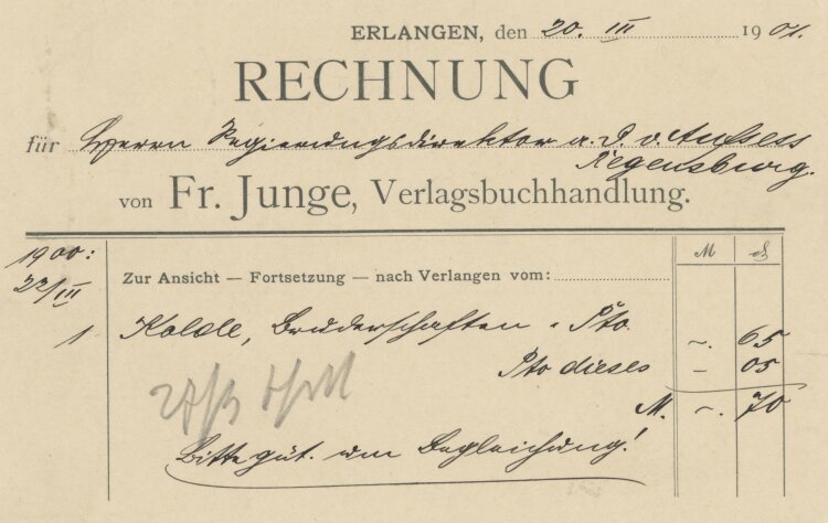 Otto von und zu Aufsessan Fr. Junge, Verlagsbuchhandlung- Rechnung - 20.03.1901