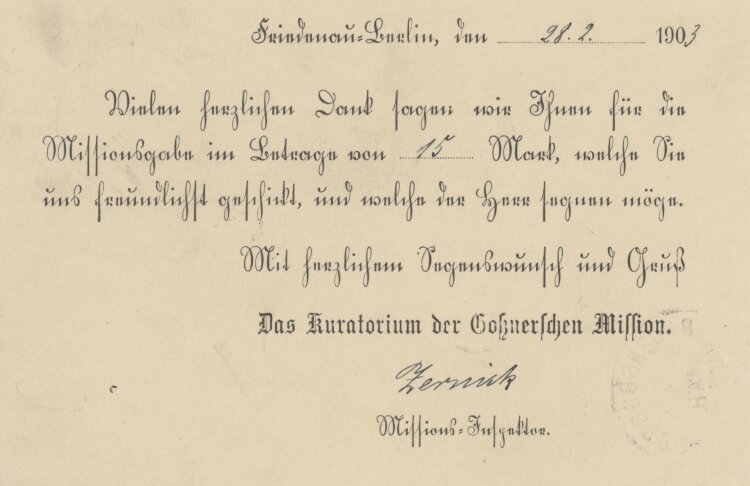 Kuratorium der Coßnerschen Mission - Quittung - 26.05.1902