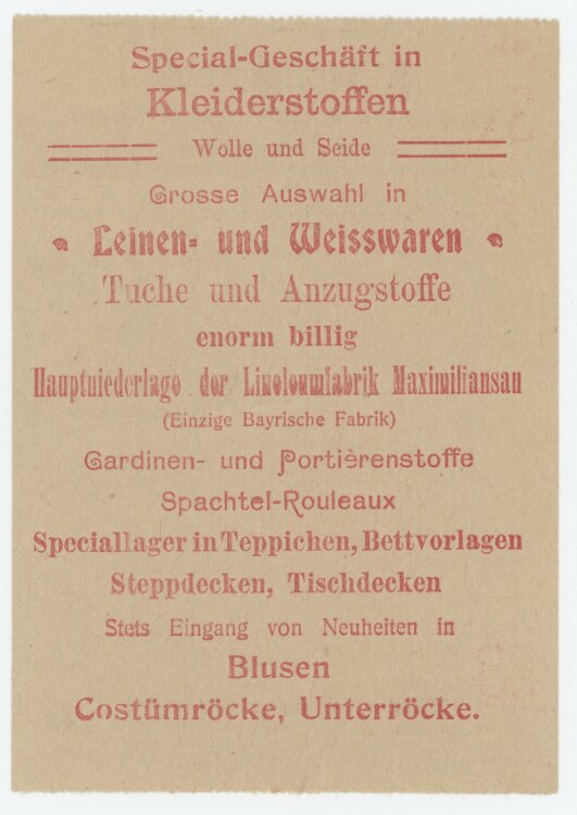 Familie von und zu Aufsessan S. Pfefferkorn Sepcialgeschäft- Rechnung - um 1900