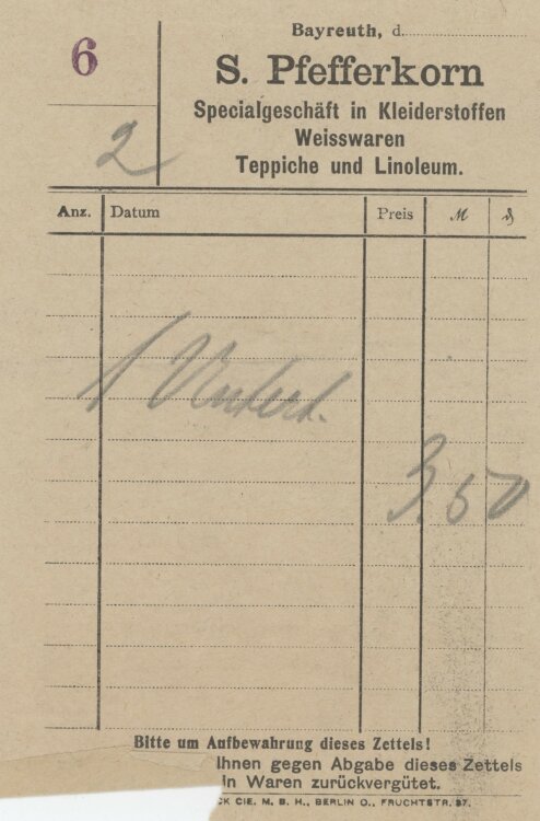 Familie von und zu Aufsessan S. Pfefferkorn Sepcialgeschäft- Rechnung - um 1900