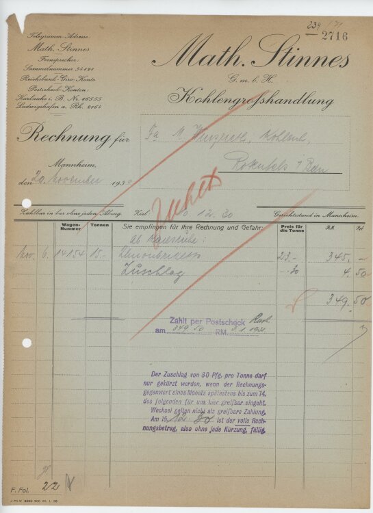 Firma M. Winzrieth (Kaufhaus)an Math. Stinnes GmbH- Rechnung - 20.11.1930
