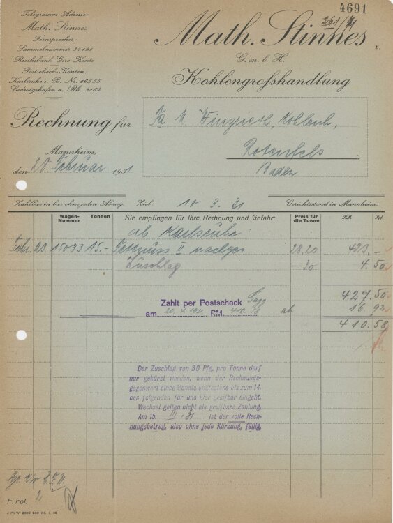 Firma M. Winzrieth (Kaufhaus)an Math. Stinnes GmbH- Rechnung - 28.02.1931