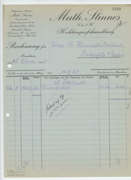 Firma M. Winzrieth (Kaufhaus)an Math. Stinnes GmbH- Rechnung - 25.02.1928