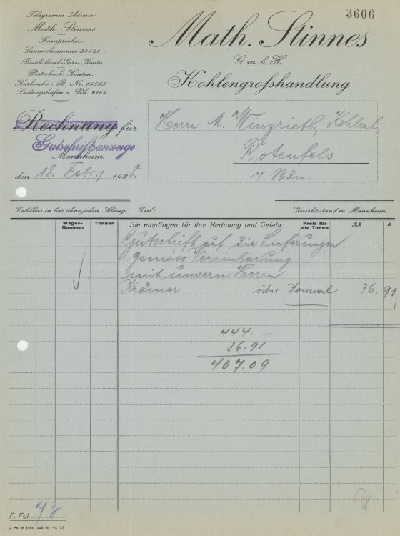Firma M. Winzrieth (Kaufhaus)an Math. Stinnes GmbH- Gutschrift - 18.02.1928