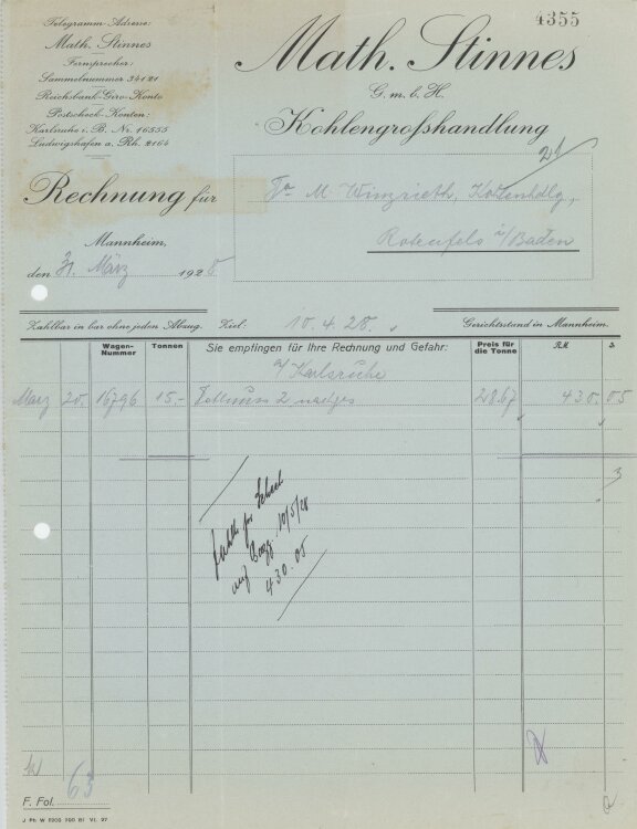 Firma M. Winzrieth (Kaufhaus)an Math. Stinnes GmbH- Rechnung - 31.03.1928
