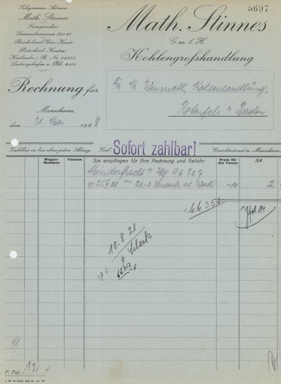 Firma M. Winzrieth (Kaufhaus)an Math. Stinnes GmbH- Rechnung - 31.05.1928