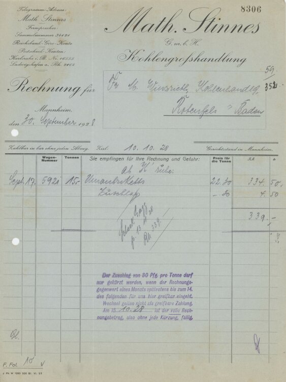 Firma M. Winzrieth (Kaufhaus)an Math. Stinnes GmbH- Rechnung - 30.09.1928