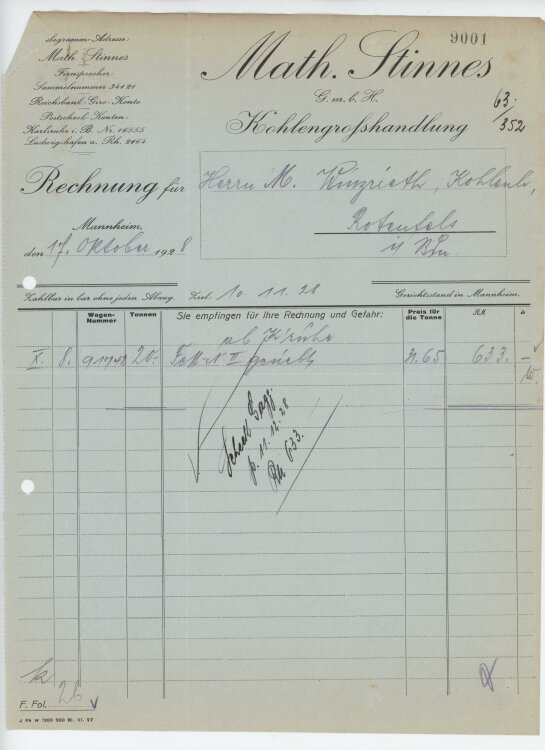 Firma M. Winzrieth (Kaufhaus)an Math. Stinnes GmbH- Rechnung - 17.10.1928