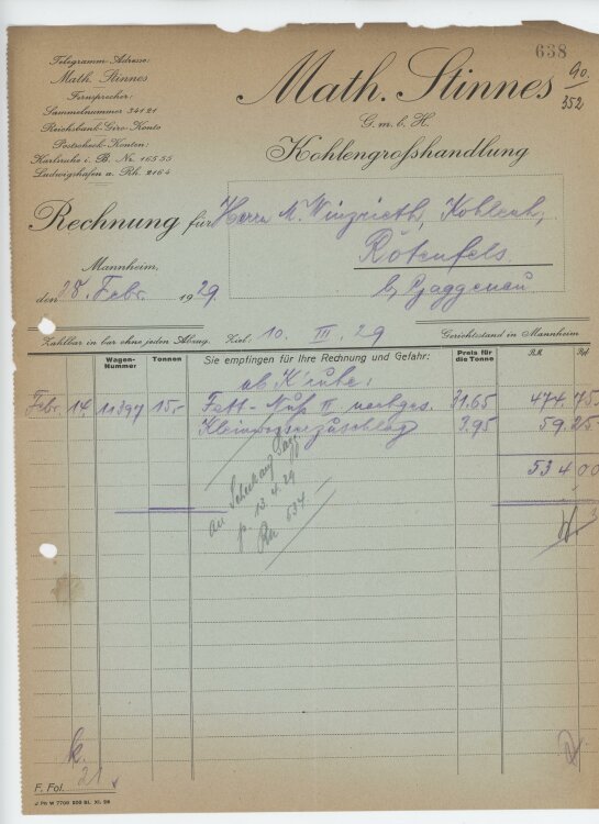 Firma M. Winzrieth (Kaufhaus)an Math. Stinnes GmbH- Rechnung - 28.02.1929