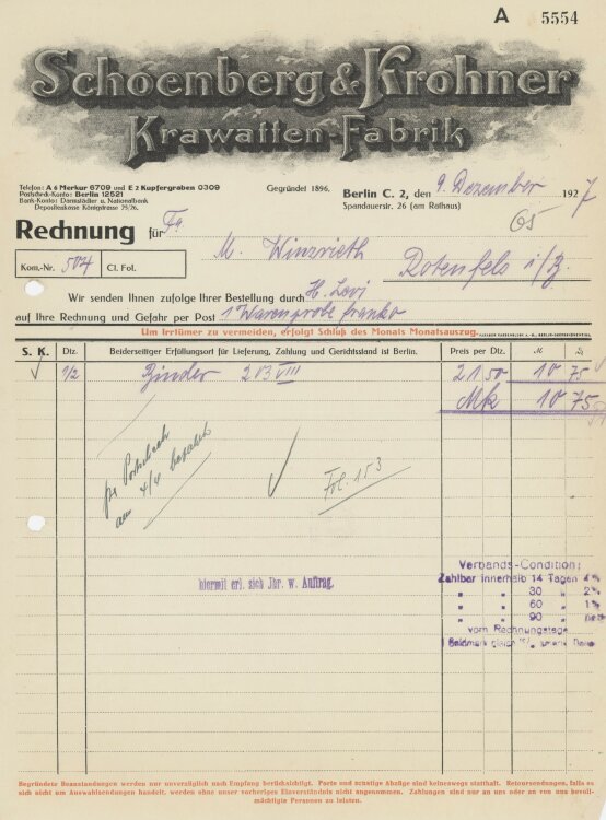 Firma M. Winzrieth (Kaufhaus)an Schoenberg & Krohner Krawatten-Fabrik- Rechnung - 09.12.1927