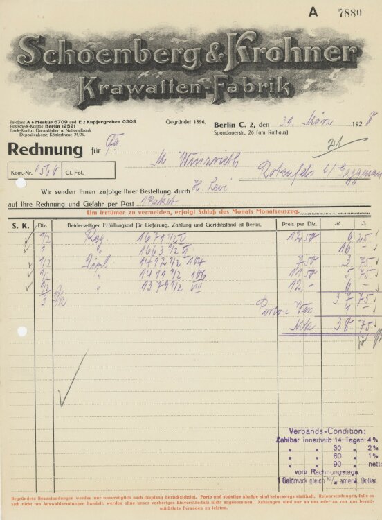 Firma M. Winzrieth (Kaufhaus)an Schoenberg & Krohner Krawatten-Fabrik- Rechnung - 31.03.1928
