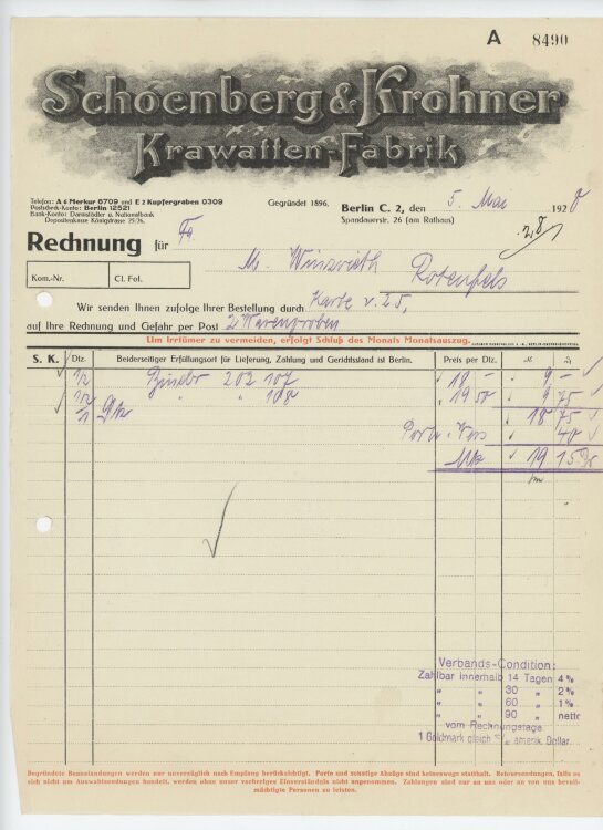 Firma M. Winzrieth (Kaufhaus)an Schoenberg & Krohner Krawatten-Fabrik- Rechnung - 05.05.1928