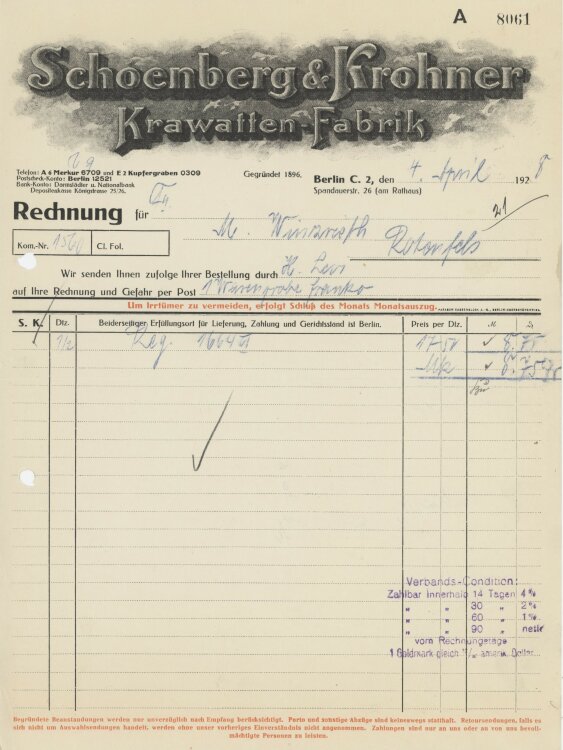 Firma M. Winzrieth (Kaufhaus)an Schoenberg & Krohner Krawatten-Fabrik- Rechnung - 04.03.1928