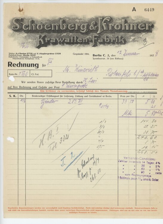 Firma M. Winzrieth (Kaufhaus)an Schoenberg & Krohner Krawatten-Fabrik- Rechnung - 17.01.1928