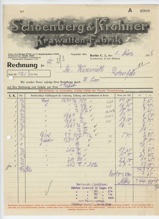 Firma M. Winzrieth (Kaufhaus)an Schoenberg & Krohner Krawatten-Fabrik- Rechnung - 01.03.1928