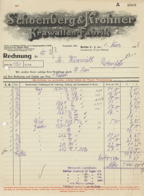 Firma M. Winzrieth (Kaufhaus)an Schoenberg & Krohner Krawatten-Fabrik- Rechnung - 01.03.1928