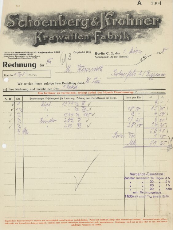 Firma M. Winzrieth (Kaufhaus)an Schoenberg & Krohner Krawatten-Fabrik- Rechnung - 03.03.1928