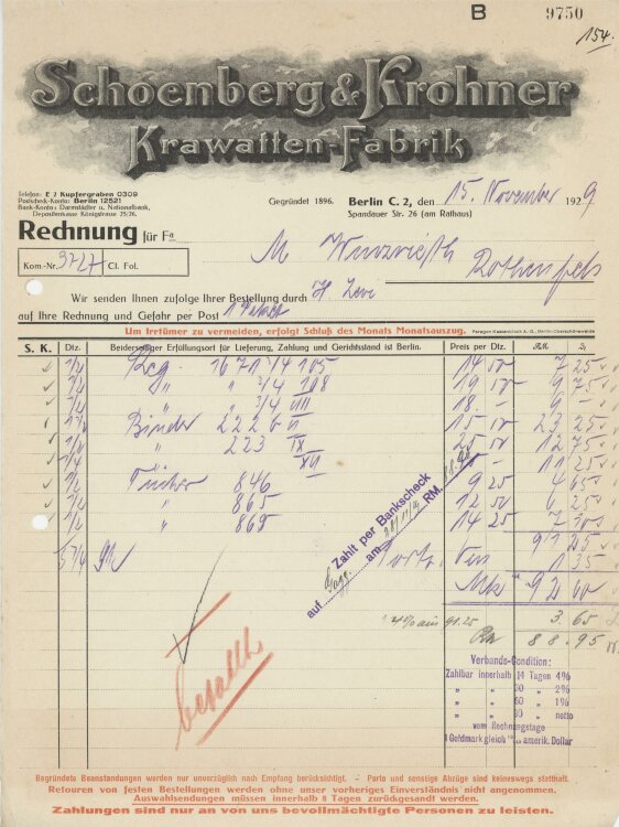 Firma M. Winzrieth (Kaufhaus)an Schoenberg & Krohner Krawatten-Fabrik- Rechnung - 15.11.1929