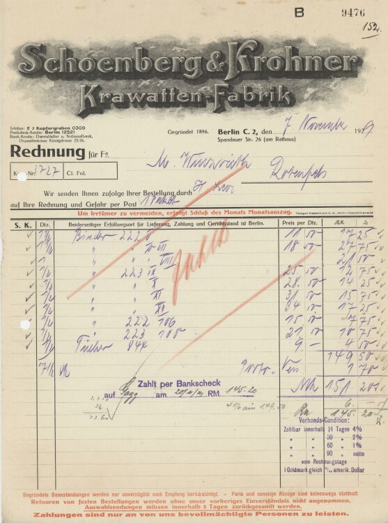 Firma M. Winzrieth (Kaufhaus)an Schoenberg & Krohner Krawatten-Fabrik- Rechnung - 07.11.1929