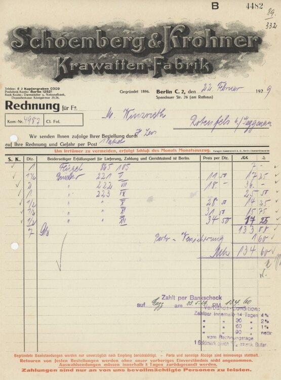 Firma M. Winzrieth (Kaufhaus)an Schoenberg & Krohner Krawatten-Fabrik- Rechnung - 22.02.1929